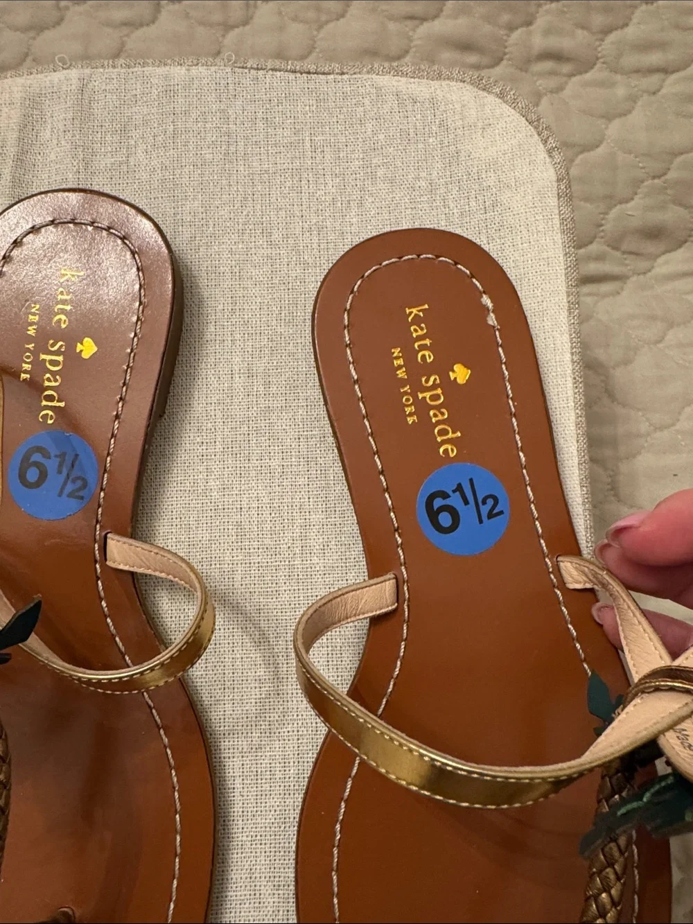 kate spade New York Tan Leather Floral Thong Sandals